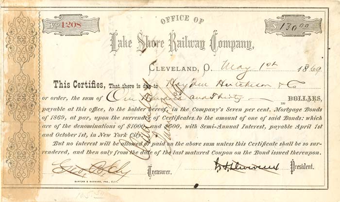 Lake Shore Railway Company signed by John Devereux